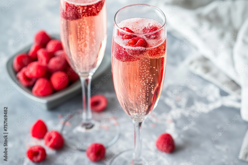 Sparkling rose french kiss cocktail in flutes with raspberries on a marble table Sparkling rose french kiss cocktail in flutes with raspberries on a marble table
