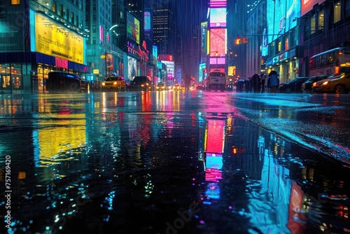 A photograph capturing a vibrant city street teeming with relentless traffic during the night, A glowing neon cityscape reflected in rain-soaked streets, AI Generated