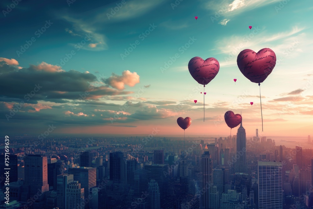 Fototapeta premium A vibrant group of heart shaped balloons gracefully float through the blue sky above the bustling city below, A gorgeous cityscape with heart-shaped balloons floating in the sky, AI Generated