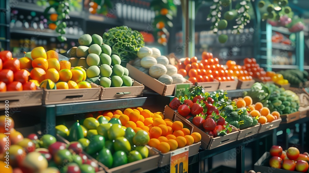 Marketplace filled with a variety of colorful fresh fruits and vegetables.
