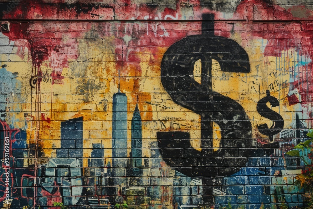 Naklejka premium An attention-grabbing mural of a dollar sign painted on a brick wall, symbolizing wealth and success, A graffiti-style representation of economic inequalities, AI Generated