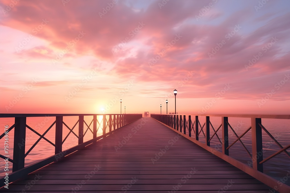 Sunrise at the Pier: A peaceful pier scene bathed in the soft hues of sunrise, radiating calm and tranquility.

