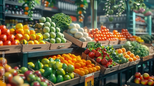 Marketplace filled with a variety of colorful fresh fruits and vegetables.
