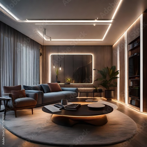 A modern and comfortable living room illuminated by led strips - Generative AI © usman