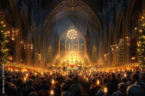 A bustling crowd of devotees gather inside a grand cathedral for a religious ceremony, A grand Christmas church scene with people holding lit candles, AI Generated