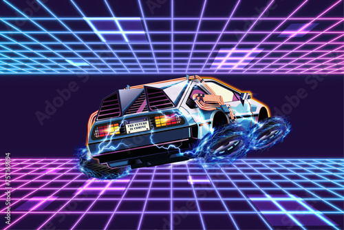 Retro futuristic time machine car levitating in the space-time continuum, 1980s