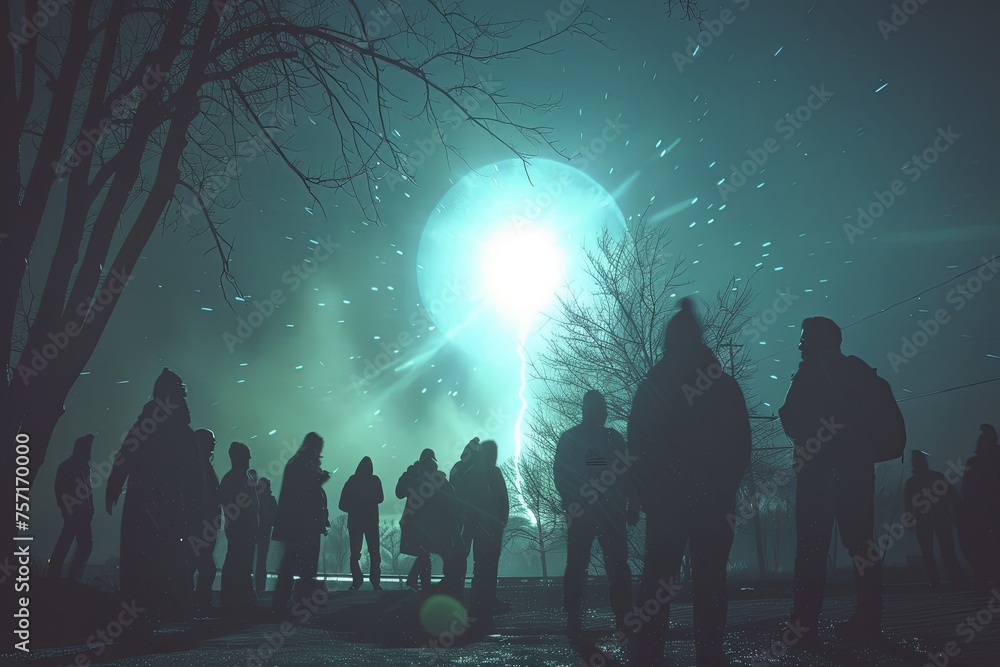 A group of individuals standing together in the snow during nighttime, surrounded by a dark, snowy landscape. Generative AI