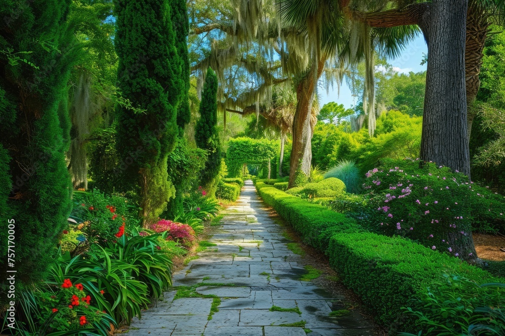 Pathway in Beautiful Green Park Leading Through Natures Oasis, A grand cypress walkway in a vibrant park during summer, AI Generated Pathway in Beautiful Green Park Leading Through Natures Oasis, A grand cypress walkway in a vibrant park during summer, AI Generated