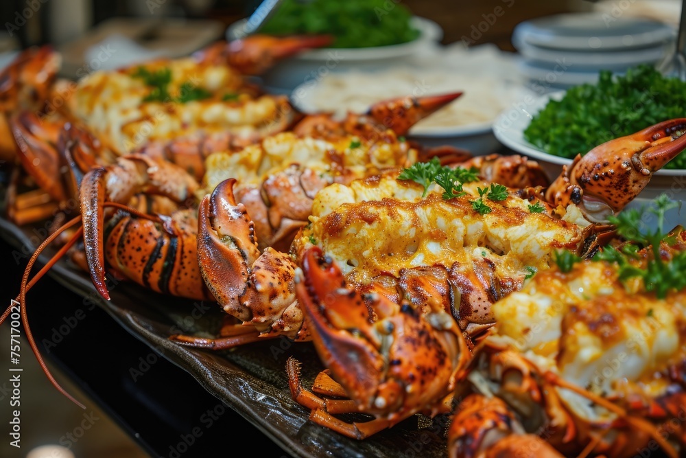 A captivating close up of a plate filled with succulent lobsters ready to be devoured, A grand display of lobster thermidor, AI Generated A captivating close up of a plate filled with succulent lobsters ready to be devoured, A grand display of lobster thermidor, AI Generated