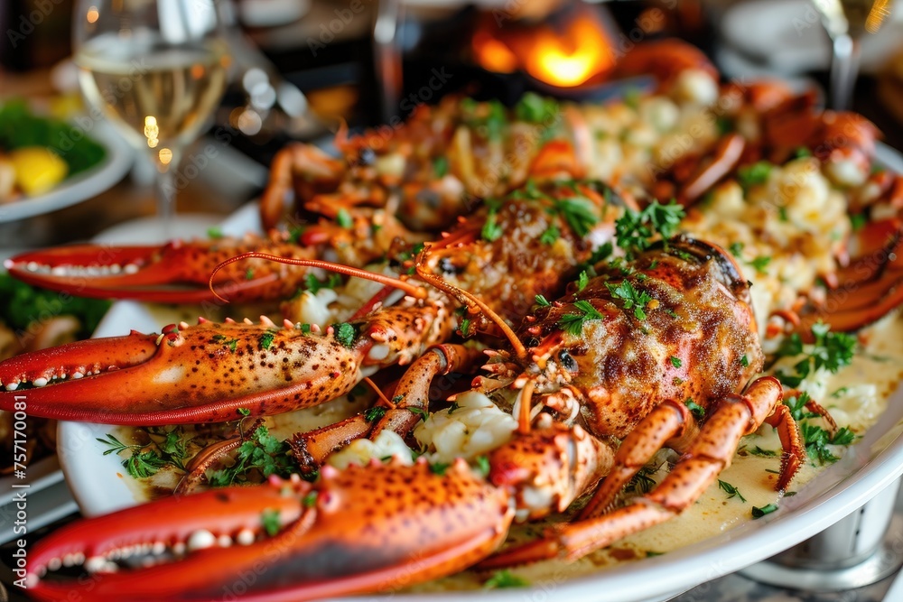 A stunning ensemble of succulent lobsters perfectly arranged on a table, ready to be savored and enjoyed, A grand display of lobster thermidor, AI Generated A stunning ensemble of succulent lobsters perfectly arranged on a table, ready to be savored and enjoyed, A grand display of lobster thermidor, AI Generated