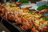 A captivating close up of a plate filled with succulent lobsters ready to be devoured, A grand display of lobster thermidor, AI Generated