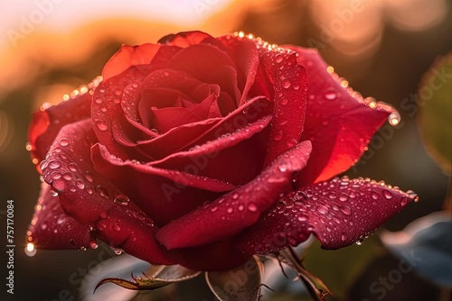 Red Rose with Water Droplets at Reddish Golden Hour Sunset - Macro Photo