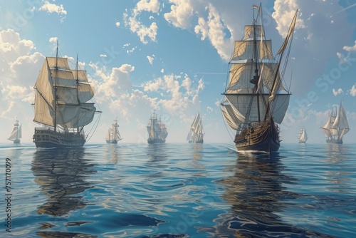 A photo capturing a cluster of ships peacefully sailing across the surface of the water, A grand flotilla of elegant warships, sails unfurled, navigating the tranquility of a glassy sea, AI Generated