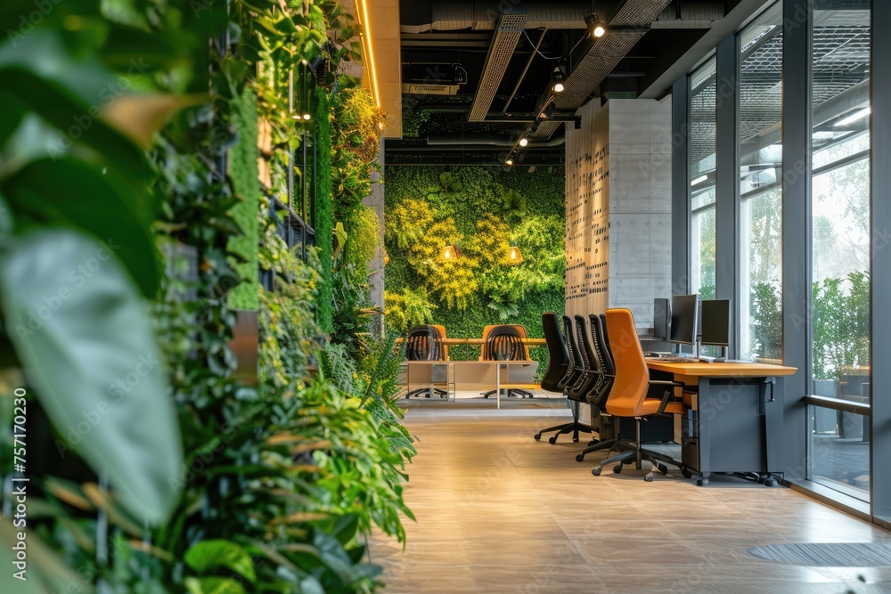 Office With Green Wall on the Wall, A green office environment emphasizing sustainability with recycled materials, AI Generated