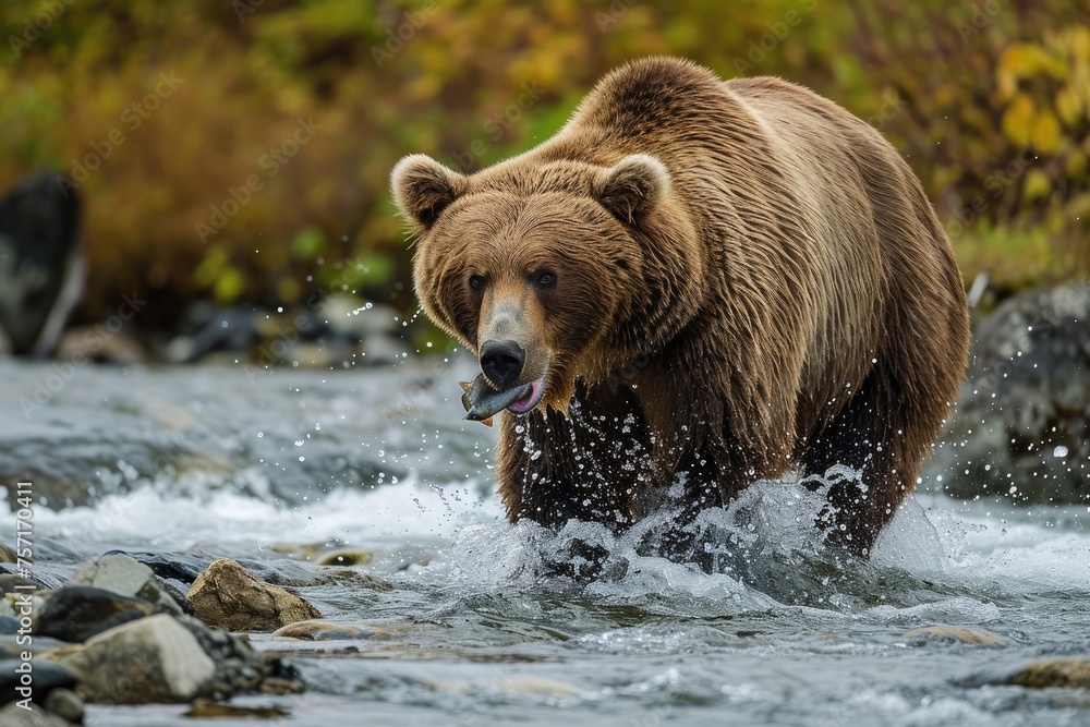 Obraz premium A breathtaking sight, a large brown bear gracefully making its way across the river in its natural habitat, A grizzly bear on a riverside, sharply catching a fish in its mouth, AI Generated