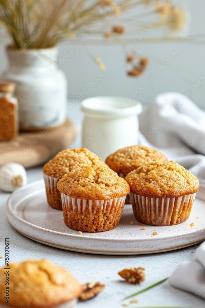 Freshly baked vegan quinoa muffins served with milk on a light background Freshly baked vegan quinoa muffins served with milk on a light background