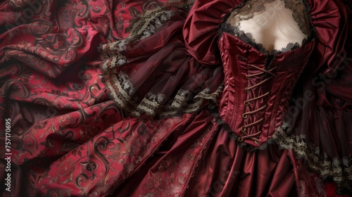 A woman wears a red dress with black lace details