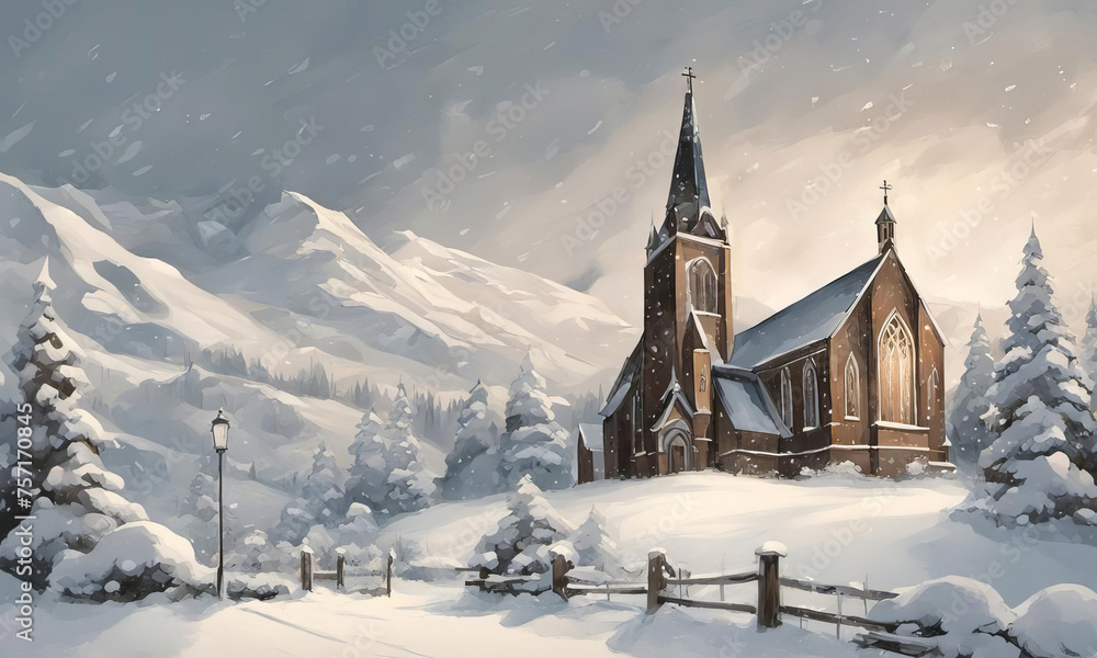 Digital painting of a church in winter with snowfall