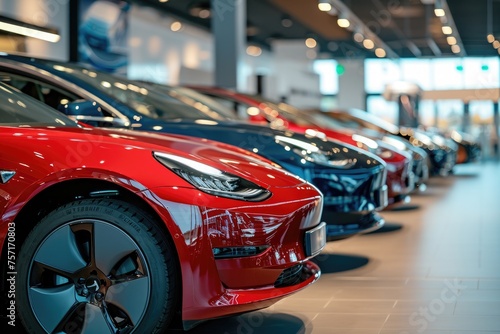 A diverse range of cars neatly arranged in a showroom, available for purchase, A group of modern electric cars of various models in a showroom, AI Generated