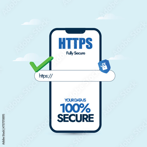Secure HTTPS concept. Safe browsing and web surfing concept with mobile phone screen having search bar with Https written on it and padlock icon. SSL certificate to ensure data safety and security.