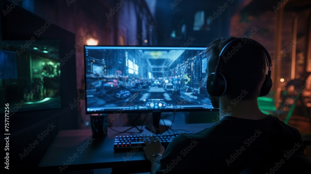 A rear view of a Young Streamer Gamer, a man with headphones playing video games on a computer in the dark. Cyber Sports, Online Championship, Victory, Esports, Hobby concepts.