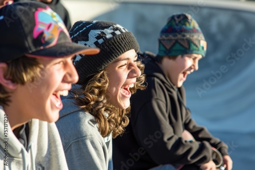 A cheerful group of boys, sitting side by side, engaging in conversation and laughter, A group of teenagers laughing at a skateboard park, AI Generated