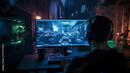A rear view of a Young Streamer Gamer, a man with headphones playing video games on a computer in the dark. Cyber Sports, Online Championship, Victory, Esports, Hobby concepts.