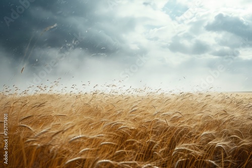 A picturesque view of a vast wheat field stretching under a gloomy sky, capturing the beauty of nature in agricultural scenery, A gush of wind blowing through wheat fields, AI Generated