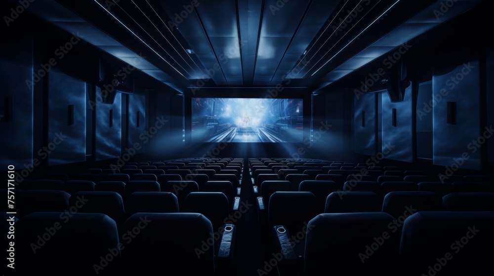 realistic view from the last rows on the light screen of the cinema, with modern design, in the dark realistic view from the last rows on the light screen of the cinema, with modern design, in the dark