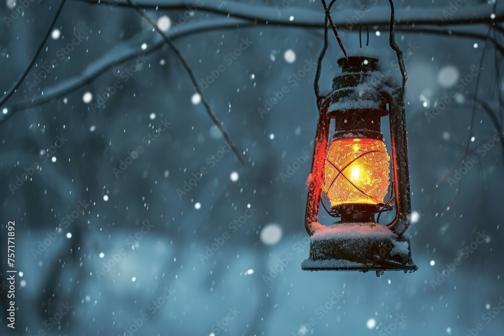 A lone lantern, gently swaying from a tree branch, casts a warm glow on a snowy landscape, A handheld lantern trying to pierce the gloom of a snowstorm, AI Generated