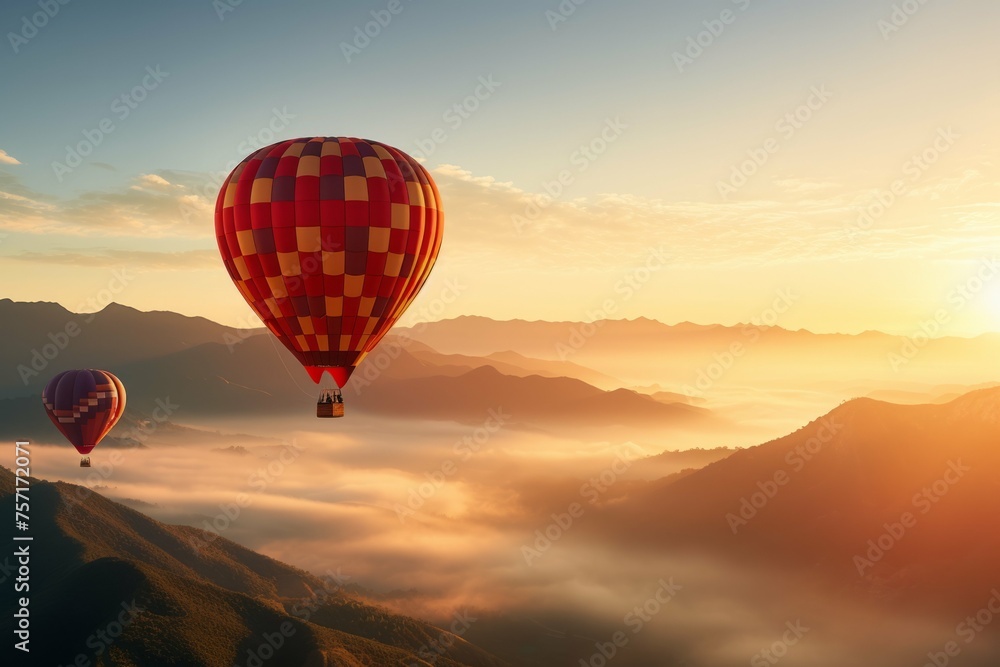 Hot air balloon floating over a misty valley at sunrise.