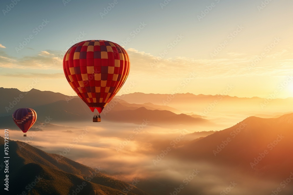 Fototapeta premium Hot air balloon floating over a misty valley at sunrise.