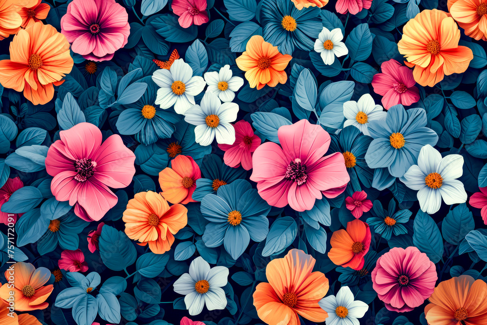 Flowery background featuring mix of bright and pastel shades including yellows pinks oranges and blues.