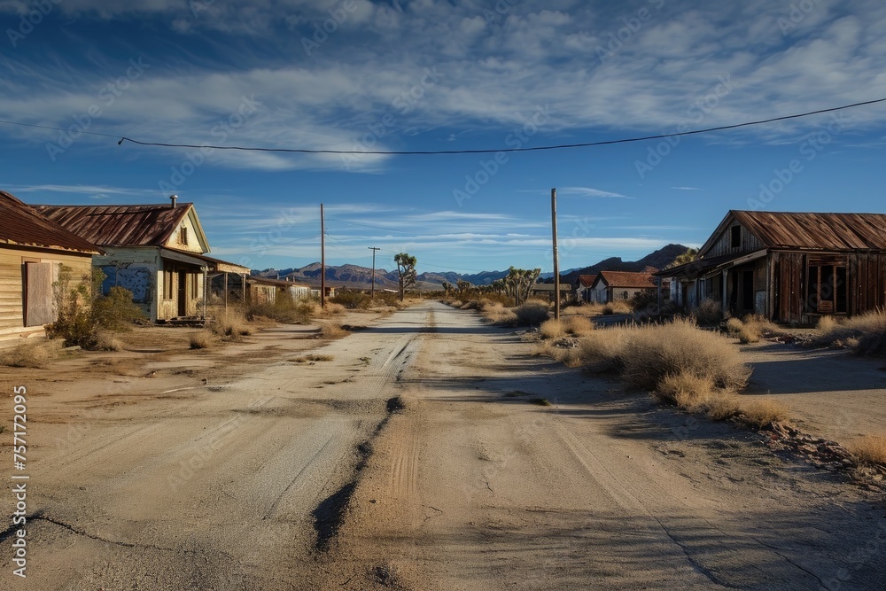 A scenic dirt road surrounded by buildings against a backdrop of a beautiful sky in a rural area, A haunted ghost town in the middle of the desert, AI Generated A scenic dirt road surrounded by buildings against a backdrop of a beautiful sky in a rural area, A haunted ghost town in the middle of the desert, AI Generated