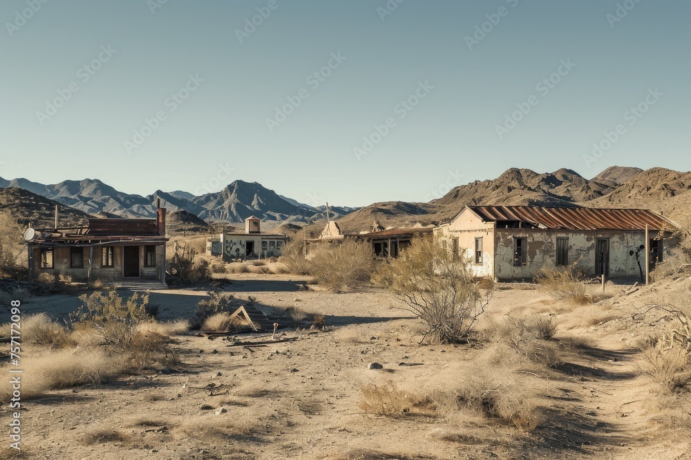 Captured in the heart of the desert, an aged and forgotten house stands as a stark reminder of its former life, A haunted ghost town in the middle of the desert, AI Generated