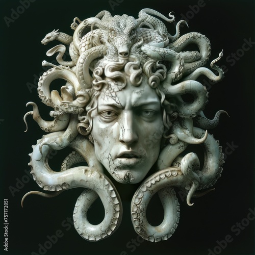 A sculptural representation of Medusa, with lifelike details and textures on a black background - AI Generated Digital Art