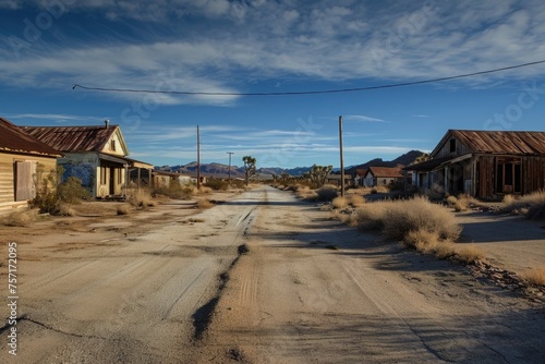 A scenic dirt road surrounded by buildings against a backdrop of a beautiful sky in a rural area, A haunted ghost town in the middle of the desert, AI Generated