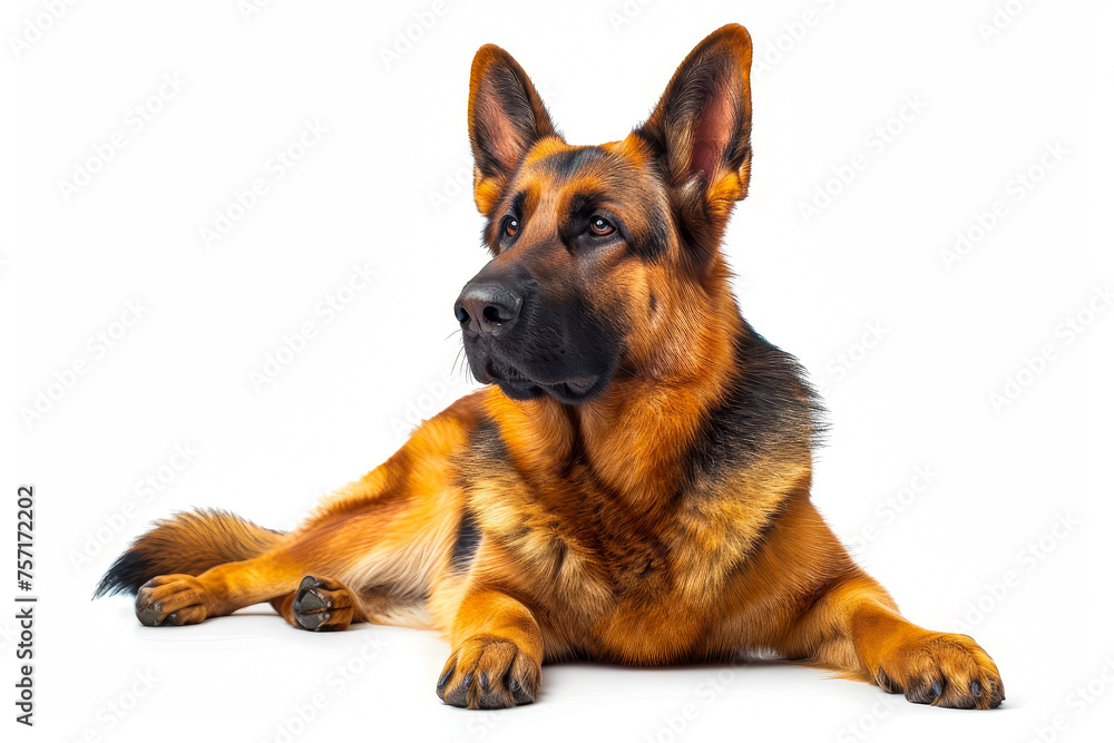 Dog lays down with its front paws up and serious look on its face.