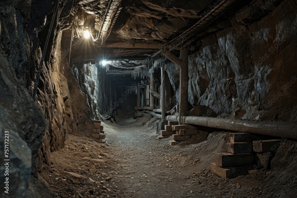 A photo of a long, narrow tunnel with a bench placed in the center, faintly lit by dim lighting, A haunted mine with ghost miners still working, AI Generated - obrazy, fototapety, plakaty 