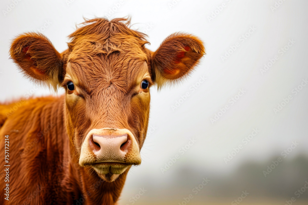 Brown cow with white patch on its forehead and tuft of hair sticking up in the middle of its head.