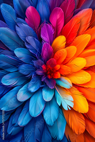 Colorful arrangement of feathers from different colored birds.