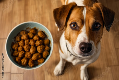 Brown and white dog stares into the camera as it stands next to blue bowl filled with dog food.
