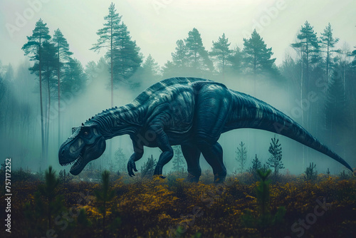 Dinosaur is walking through forest with tall trees and low hanging branches. © valentyn640