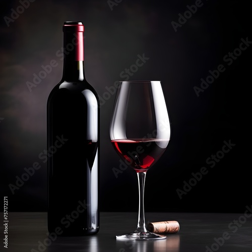 Classic Wine Moment, Red Wine Glass and Bottle Displayed, toast to Sophistication, Red Wine Glass and Bottle Pairing in Moody Setting