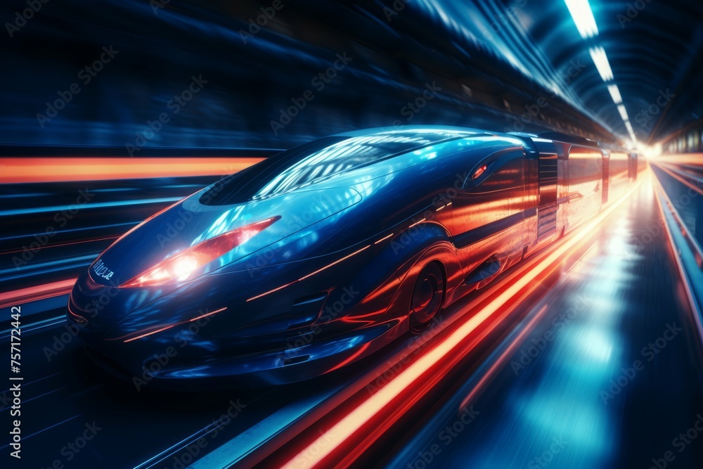 Futuristic high-speed train speeding through neon-lit tunnel.