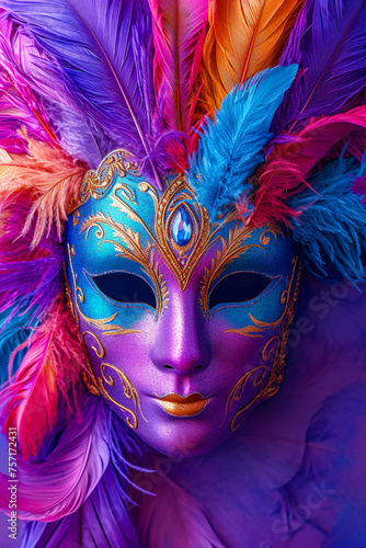 Colorful mask with vibrant colors and decorative feathers on it. © valentyn640