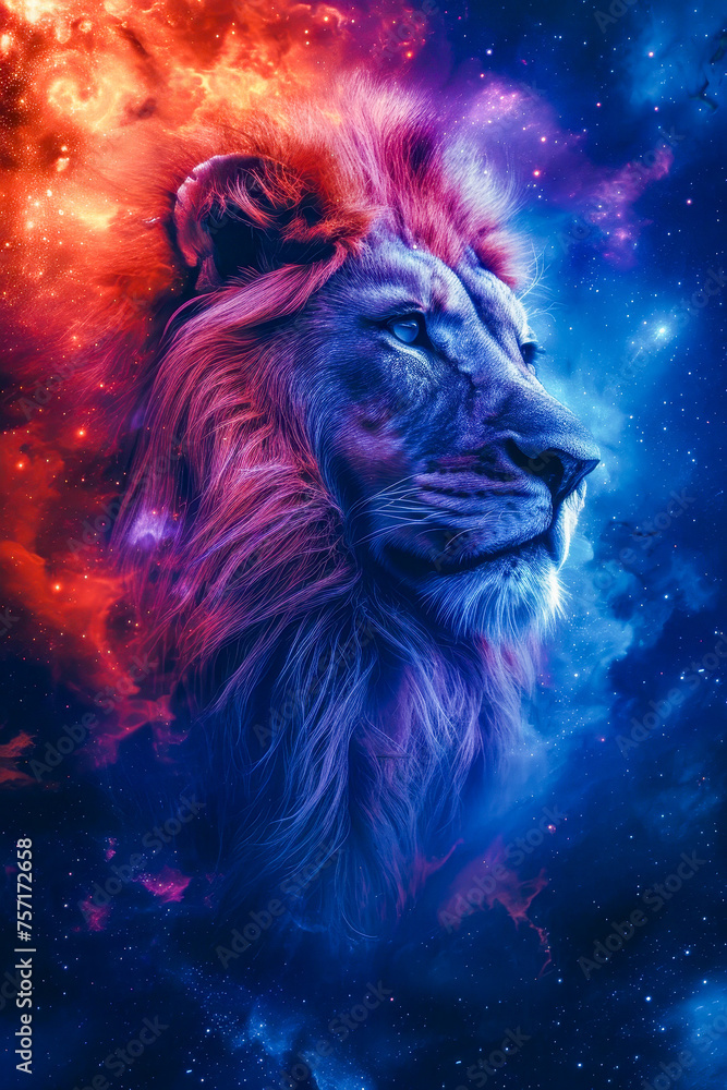 Lion's head is shown in front of purple and blue nebula creating artistic and striking visual effect.