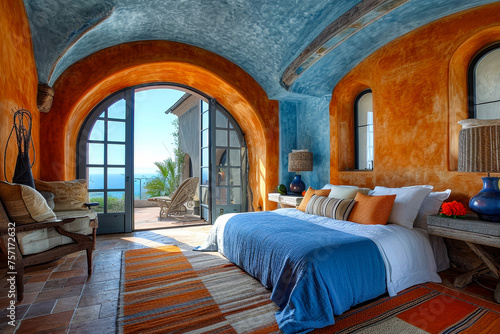Bedroom with large bed and windows that open to the sea. © valentyn640