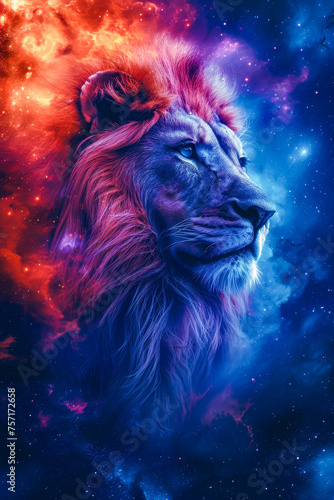 Lion s head is shown in front of purple and blue nebula creating artistic and striking visual effect.