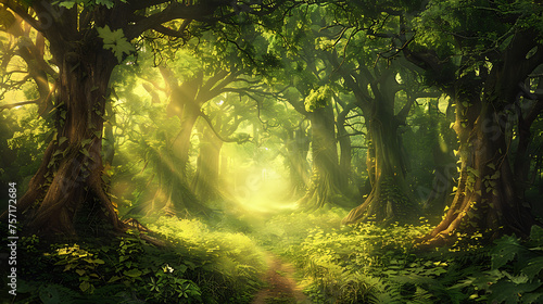 A digital illustration of a mystical forest glen, where shafts of golden light filter through the trees, illuminating a hidden pathway leading to adventure. 